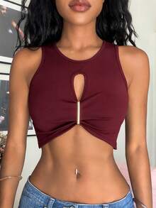 Bitrose Sexy Y2k Metal Decor Sleeveless Cropped Top For Summer Halloween Going Out Club - Red - View 4