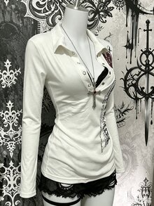 Lalippa Women's Korean Style Letter Print Button Long Sleeve Top - Black - View 3