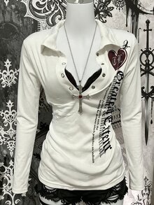 Lalippa Women's Korean Style Letter Print Button Long Sleeve Top - Black - View 1
