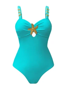 Swim Oasis 女款 2 件組 綠松石藍五角星裝飾連身泳衣附裙擺，夏季熱帶海灘度假收腹泳衣套裝，適合泳池派對 - 薄荷藍 - 查看 4