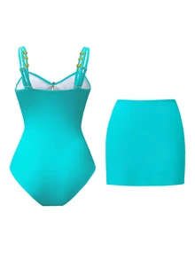 Swim Oasis 女款 2 件組 綠松石藍五角星裝飾連身泳衣附裙擺，夏季熱帶海灘度假收腹泳衣套裝，適合泳池派對 - 薄荷藍 - 查看 2
