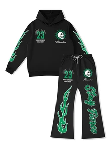 GENIUS ODE Men's Casual Letter Print Hooded Sweatshirt And Pants Set, Men 2 Pieces Set, Men 2pcs Graphic Set, Hoodie Set, Fall Clothes - Black - View 2