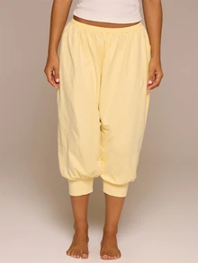 MUSERA ESSENTIALS Thin Elasticated Waist Drop Crotch Loose Fit Cropped Cuffed Hem Joggers Everyday Daily Elegant Casual Basic Spring Summer Holiday Home Pale Yellow - Yellow - View 2