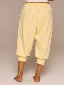 MUSERA ESSENTIALS Thin Elasticated Waist Drop Crotch Loose Fit Cropped Cuffed Hem Joggers Everyday Daily Elegant Casual Basic Spring Summer Holiday Home Pale Yellow - Yellow - View 4