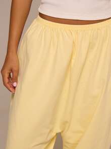 MUSERA ESSENTIALS Thin Elasticated Waist Drop Crotch Loose Fit Cropped Cuffed Hem Joggers Everyday Daily Elegant Casual Basic Spring Summer Holiday Home Pale Yellow - Yellow - View 5