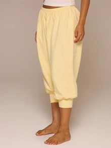 MUSERA ESSENTIALS Thin Elasticated Waist Drop Crotch Loose Fit Cropped Cuffed Hem Joggers Everyday Daily Elegant Casual Basic Spring Summer Holiday Home Pale Yellow - Yellow - View 3