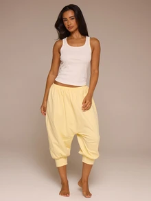 MUSERA ESSENTIALS Thin Elasticated Waist Drop Crotch Loose Fit Cropped Cuffed Hem Joggers Everyday Daily Elegant Casual Basic Spring Summer Holiday Home Pale Yellow - Yellow - View 1