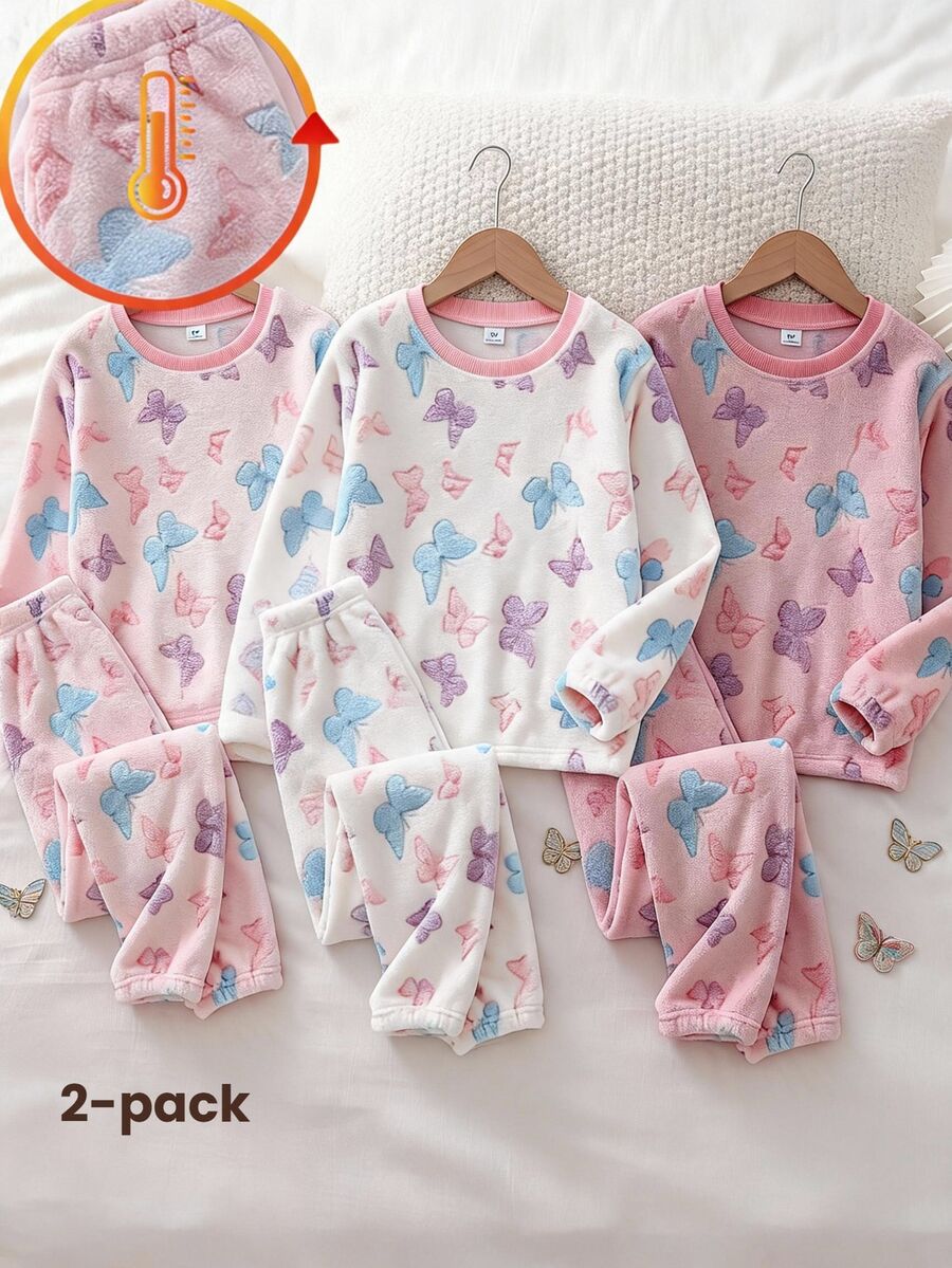 Tween Girls Pajamas, Autumn/Winter New Bow Pattern All-Over Print, Thermal Lined, Thick Plush, Skin-Friendly, Warm, Crew Neck Long Sleeve Top And Long Pants 2 Pieces Set, 1 Set - Multicolor - View 1