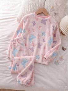 Tween Girls Pajamas, Autumn/Winter New Bow Pattern All-Over Print, Thermal Lined, Thick Plush, Skin-Friendly, Warm, Crew Neck Long Sleeve Top And Long Pants 2 Pieces Set, 1 Set - Multicolor - View 3