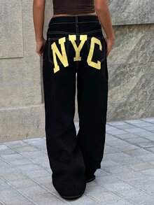 SHEIN Teen Girls Colorblock Letter Print Black Denim Loose Fit Long Pants Cowgirl Social Clothing Casual New Year Outfit - Black - View 9