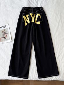 SHEIN Teen Girls Colorblock Letter Print Black Denim Loose Fit Long Pants Cowgirl Social Clothing Casual New Year Outfit - Black - View 1