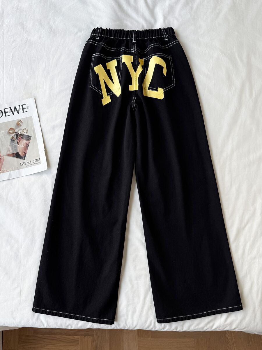 SHEIN Teen Girls Colorblock Letter Print Black Denim Loose Fit Long Pants Cowgirl Social Clothing Casual New Year Outfit - Black - View 1