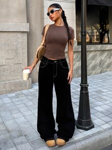 SHEIN Teen Girls Colorblock Letter Print Black Denim Loose Fit Long Pants Cowgirl Social Clothing Casual New Year Outfit - Black - View 7