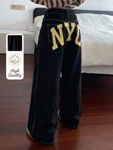 SHEIN Teen Girls Colorblock Letter Print Black Denim Loose Fit Long Pants Cowgirl Social Clothing Casual New Year Outfit - Black - View 2