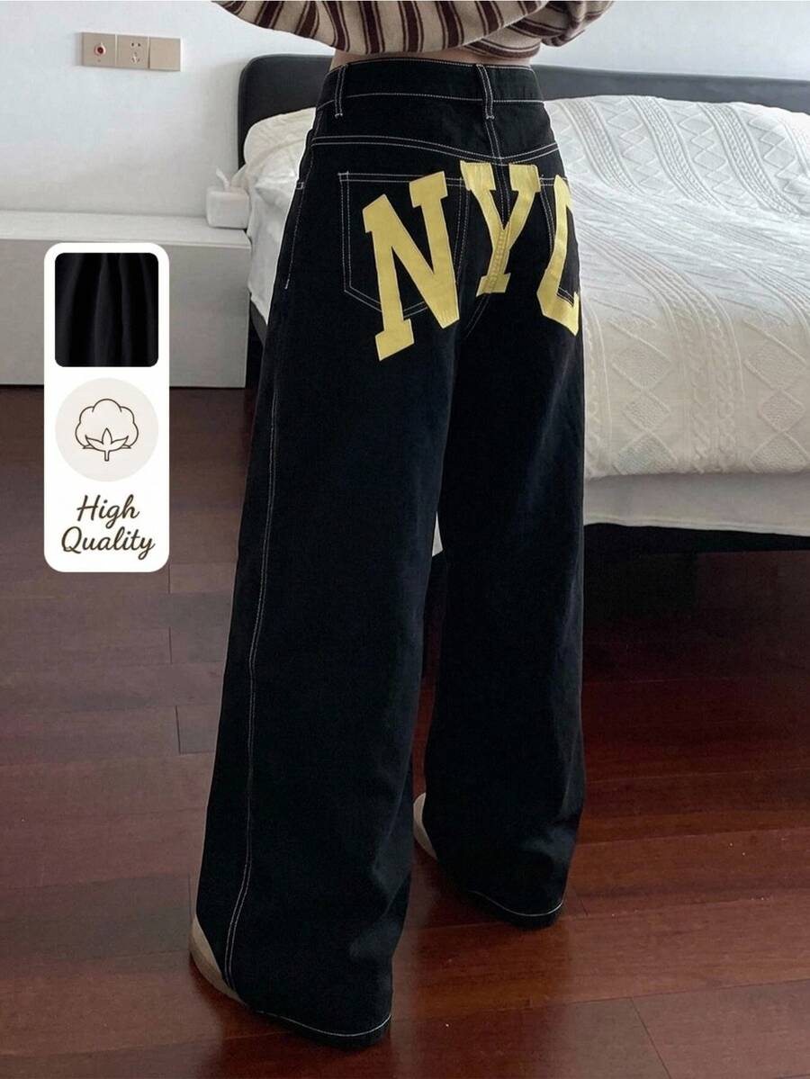 SHEIN 青少年女孩拼色字母印花黑色牛仔寬鬆長褲 牛仔女郎風格社交休閒服裝 新年穿搭 - 黑色 - 查看 1