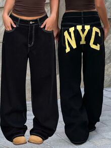 SHEIN Teen Girls Colorblock Letter Print Black Denim Loose Fit Long Pants Cowgirl Social Clothing Casual New Year Outfit - Black - View 8