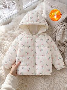 SHEIN 女嬰秋冬甜美碎花印花絎縫連帽羽絨夾克長袖拉鍊加厚外套幼兒外衣秋季服飾 - 彩色 - 查看 1