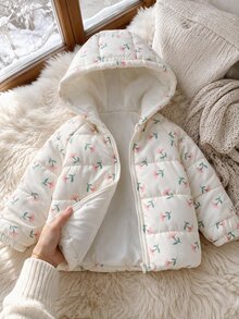 SHEIN 女嬰秋冬甜美碎花印花絎縫連帽羽絨夾克長袖拉鍊加厚外套幼兒外衣秋季服飾 - 彩色 - 查看 7