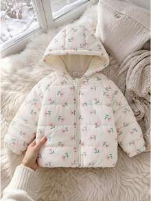 SHEIN 女嬰秋冬甜美碎花印花絎縫連帽羽絨夾克長袖拉鍊加厚外套幼兒外衣秋季服飾 - 彩色 - 查看 10