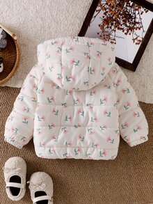 SHEIN 女嬰秋冬甜美碎花印花絎縫連帽羽絨夾克長袖拉鍊加厚外套幼兒外衣秋季服飾 - 彩色 - 查看 2