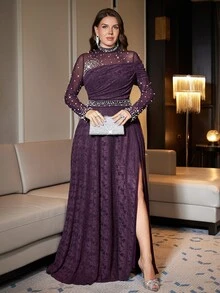 SHEIN Clasi Plus Size Purple High Elasticity Party Shiny Pearl Slit Dress - Purple - View 3