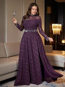 SHEIN Clasi Plus Size Purple High Elasticity Party Shiny Pearl Slit Dress - Purple - View 8