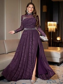 SHEIN Clasi Plus Size Purple High Elasticity Party Shiny Pearl Slit Dress - Purple - View 9
