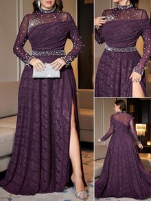 SHEIN Clasi Plus Size Purple High Elasticity Party Shiny Pearl Slit Dress - Purple - View 2