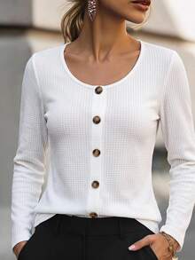 SHEIN LUNE Atasan Wanita Rajut Waffle Leher U Lengan Panjang, Dekorasi Kancing Kayu di Depan, Blus Kasual Longgar Dasar - Putih - View 1