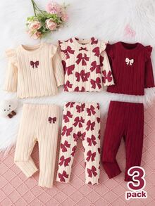 SHEIN Vintaside Kids مجموعة 3 قطع بنطلون ليقنز مضلع للبنات الرضع، بتصميم حلو وجميل، لون مشمشي وبورغندي، بطبعة فيونكة، خصر مطاطي، مناسبة لعيد الميلاد والحفلات والعطلات والخريف - متعدد الألوان - مشاهدة 8