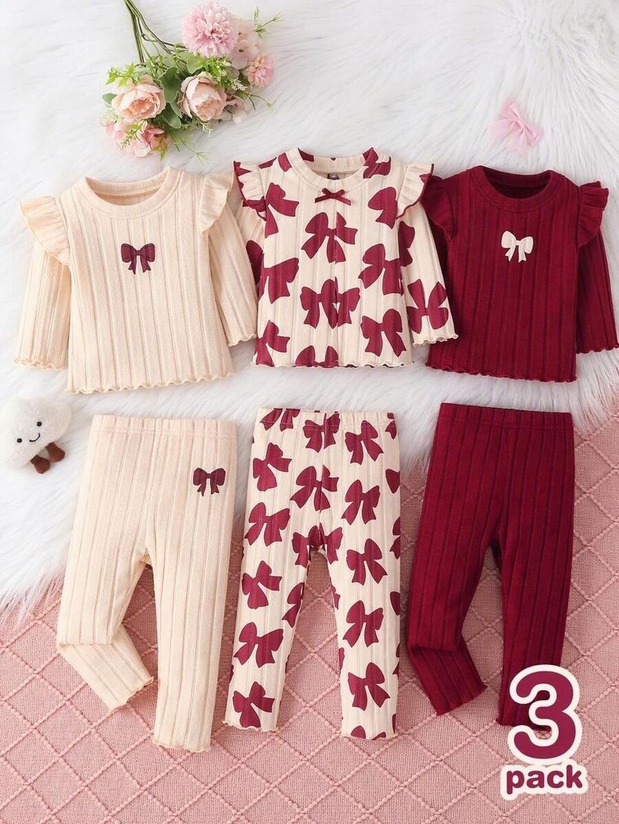 SHEIN Vintaside Kids 3pcs Pack Baby Girls Ribbed Leggings Sweet Cute Apricot Burgundy Bowknot Print Ribbed Regular Birthday Party Fall Holiday Fall Elastic Waist Pant Set - Multicolor - View 1