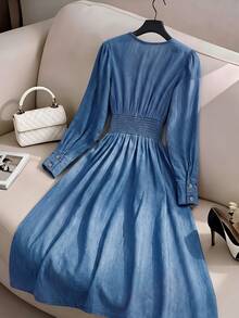 GlowEve Women's V-Neck Button Design Long Sleeve Casual Denim Dress - Blue - View 2