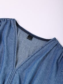 GlowEve Women's V-Neck Button Design Long Sleeve Casual Denim Dress - Blue - View 3