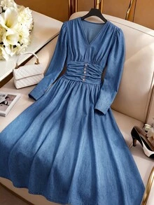 GlowEve Women's V-Neck Button Design Long Sleeve Casual Denim Dress - Blue - View 1