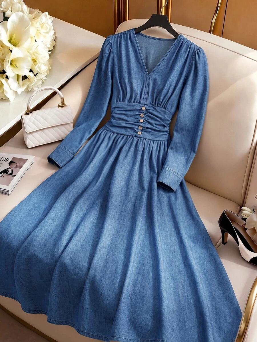 GlowEve Women's V-Neck Button Design Long Sleeve Casual Denim Dress - Blue - View 1