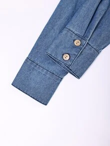 GlowEve Women's V-Neck Button Design Long Sleeve Casual Denim Dress - Blue - View 5
