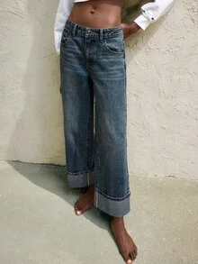 SHEIN Maija 大码女式直筒休闲牛仔裤，带口袋 - 中等水洗藍 - 查看 4