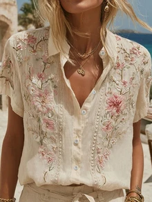 SHEIN Holidaya 【印花設計】女款夏季休閒外出上衣，優雅女款度假派對上衣，休閒蕾絲拼接設計上衣，通勤上衣，度假外出上衣 - 彩色 - 查看 5