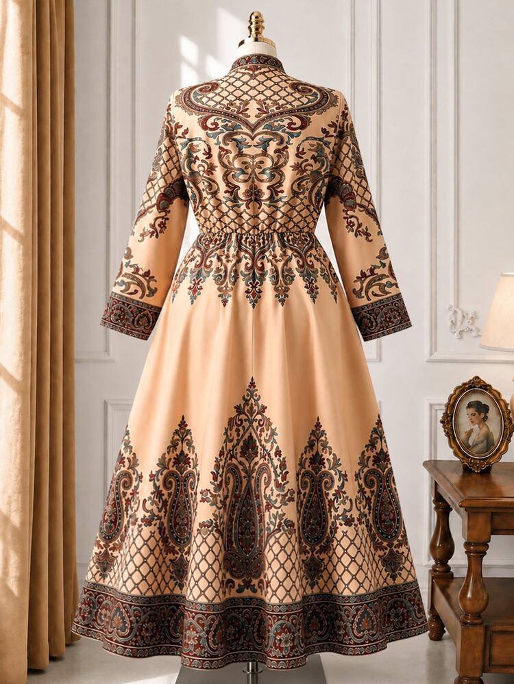 Rometta Plus Size Paisley Print Notched Neckline Flare Hem Dress Dinner Party Beige Autumn Elegant Fall - Multicolor - View 2