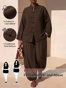 SHEIN Tall CURVE Plus Size Women Solid Color Long Sleeve Top And Pants Casual Daily Two Pieces Set - Brown - View 1