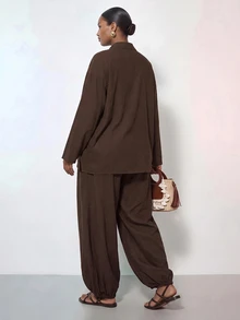 SHEIN Tall CURVE Plus Size Women Solid Color Long Sleeve Top And Pants Casual Daily Two Pieces Set - Brown - View 10