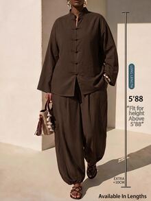 SHEIN Tall CURVE Plus Size Women Solid Color Long Sleeve Top And Pants Casual Daily Two Pieces Set - Brown - View 2