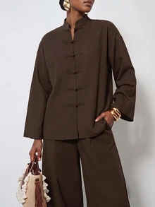 SHEIN Tall CURVE Plus Size Women Solid Color Long Sleeve Top And Pants Casual Daily Two Pieces Set - Brown - View 9