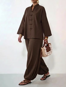 SHEIN Tall CURVE Plus Size Women Solid Color Long Sleeve Top And Pants Casual Daily Two Pieces Set - Brown - View 4
