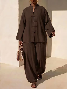 SHEIN Tall CURVE Plus Size Women Solid Color Long Sleeve Top And Pants Casual Daily Two Pieces Set - Brown - View 12