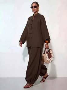 SHEIN Tall CURVE Plus Size Women Solid Color Long Sleeve Top And Pants Casual Daily Two Pieces Set - Brown - View 11