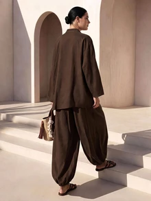 SHEIN Tall CURVE Plus Size Women Solid Color Long Sleeve Top And Pants Casual Daily Two Pieces Set - Brown - View 8