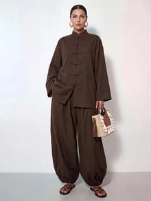 SHEIN Tall CURVE Plus Size Women Solid Color Long Sleeve Top And Pants Casual Daily Two Pieces Set - Brown - View 3
