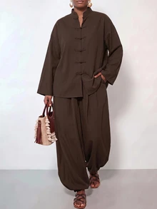 SHEIN Tall CURVE Plus Size Women Solid Color Long Sleeve Top And Pants Casual Daily Two Pieces Set - Brown - View 6