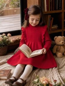 SHEIN Kids Young Girl Knitted Stand Collar Turn-Down Collar Ruffle Trim Sweater Autumn Winter Dress - Multicolor - View 4